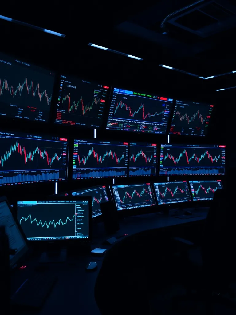 A high-tech trading terminal with multiple monitors showing
