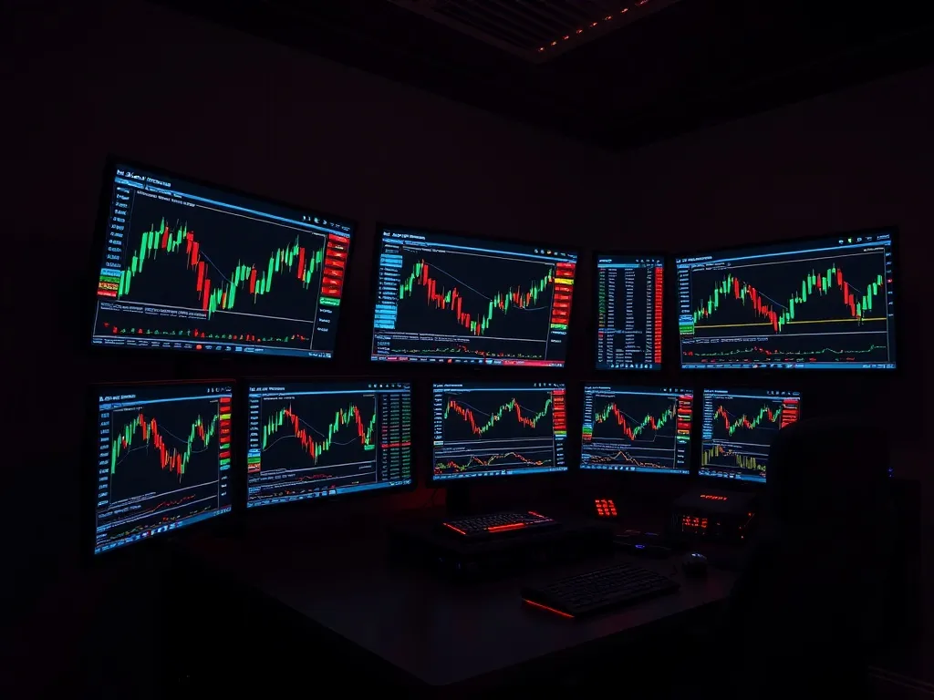 Multiple monitors showing complex financial data and candles