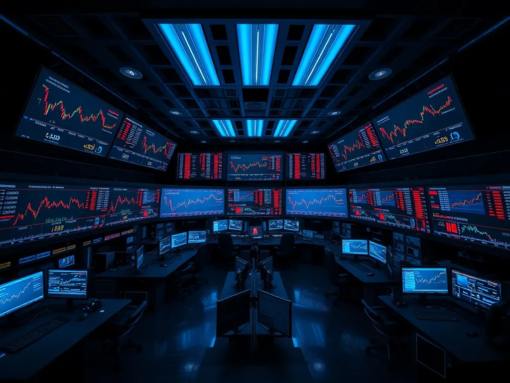 A high-angle view of a modern financial trading floor in Can