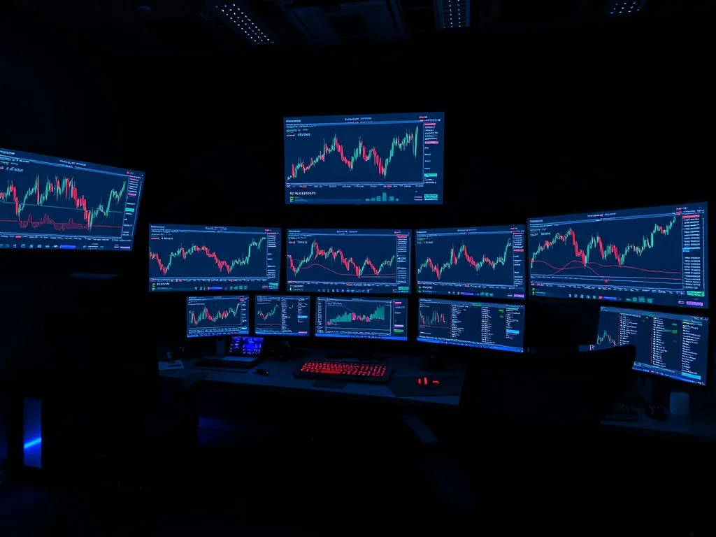 A high-tech trading desk with multiple monitors showing fina
